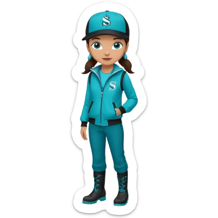 A landscaper in a beautiful turquoise jacket with long sleeves and turquoise boots, black pants, and a black sleeveless shirt. On his head is a black Swissotel baseball cap. The girl is a brunette with blue eyes. sticker