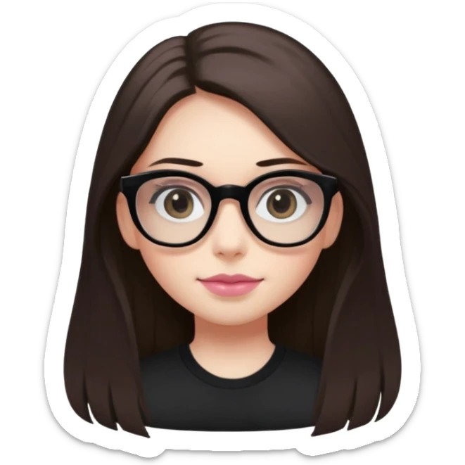 The girl with dark straight long hair, with divided in the middle hairstyle, white skin, black eyes, wearing black shirt and tortoise framed glasses. The mounth is light old pink, with light smile with no teeth. sticker
