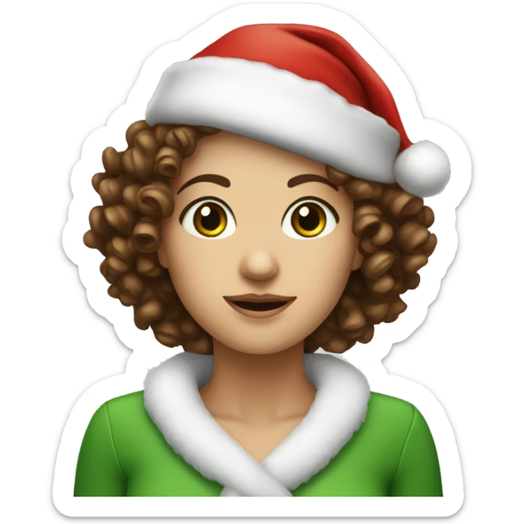 White skin lady with green eyes and brown curly heat wearing Santa hat sticker