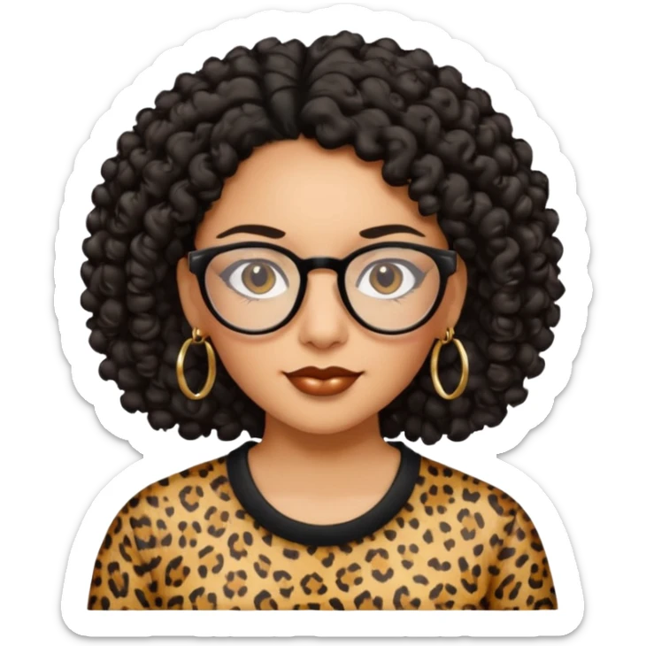 A women who wears glasses with a black curly hair, in a leopard print shirt, hoop earrings   sticker