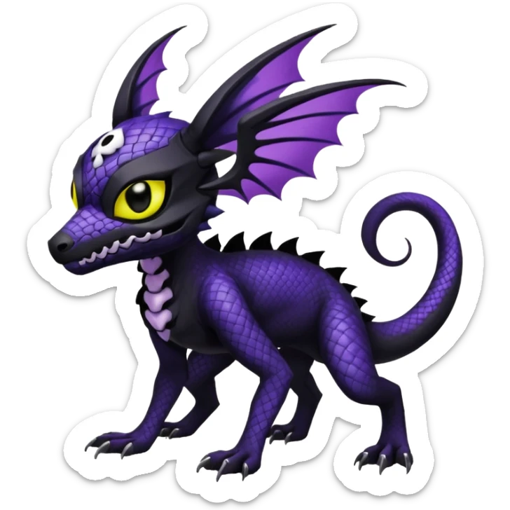 Gothic spooky Scaley Exotic Salandit-Umbreon-Noibat-Fakémon-hybrid-creature (full body), 4 legs, white skull face mask sticker