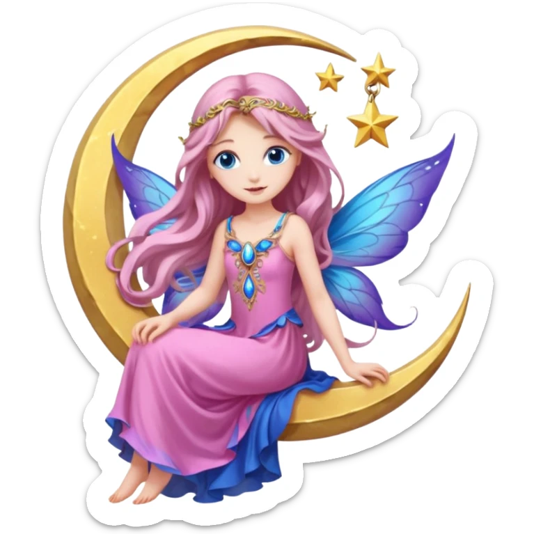 Beautiful realistic, flower, fairy, pink, blue, purple, long hair, big wings with blue eyes sitting on a half moon sticker