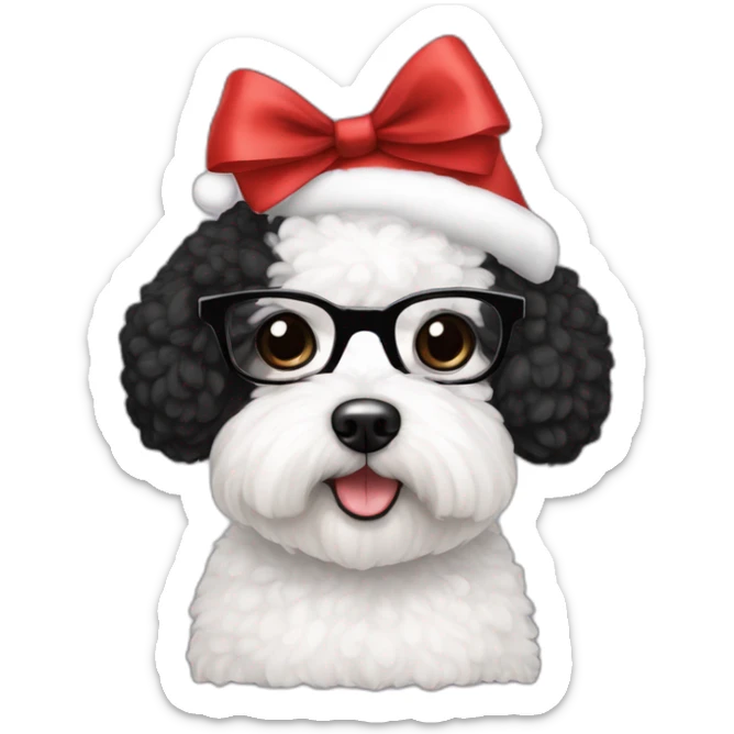 woman-black hair-bow-glasses-bichon dog-sitting-christmas hat sticker