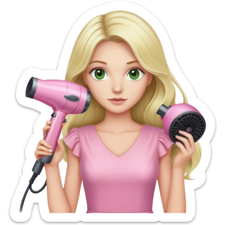 blonde with long hair and swamp green eyes, wearing a pink pastel dress, holding a pink Dyson hair dryer sticker