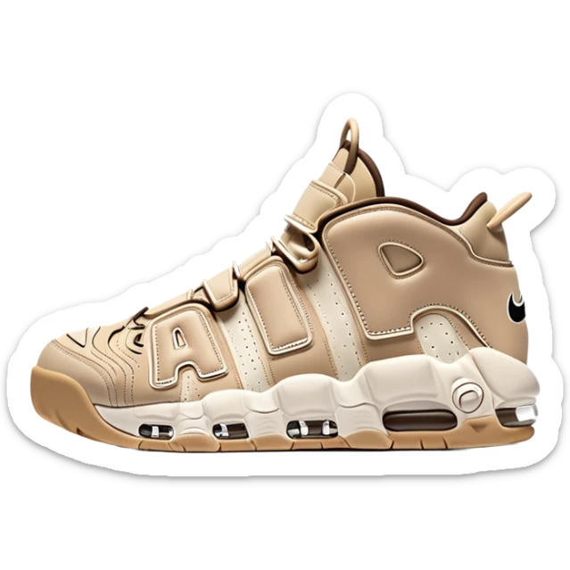 Minimalist pair of beige Nike Air More Uptempo sneakers side by side, clean simple design with AIR lettering on sides sticker