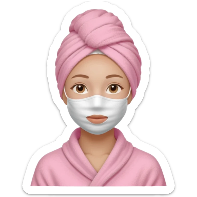Clean girl influencer character, chest-up portrait, wearing a pink towel wrapped around the head, full face facial skincare mask on face, relaxed confident expression, soft glow skin, minimal chic aesthetic, subtle beauty accessories, calm self-care vibe sticker