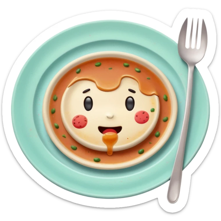 of a dirty plate after eating, leftover food scraps, sauce stains on the plate, small fork and spoon resting on the plate, slightly messy but funny, soft pastel colors, rounded shape, clean background, kawaii style, expressive and playful, high quality, emoji style sticker