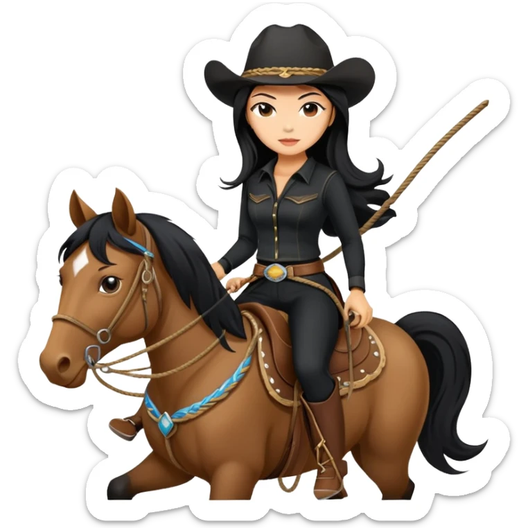 confident Asian woman with long black hair wearing black outfit riding a horse cowgirl style with a lasso sticker