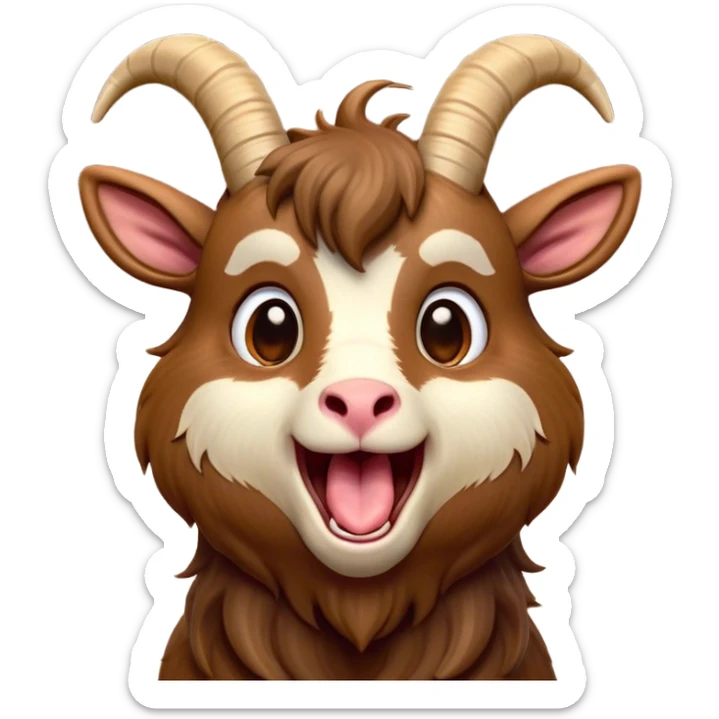 Cinematic Cute Yawning Brown Goat Portrait Emoji, Head tilted slightly with a dramatic, wide-open yawn, showcasing a soft, downy brown fur with delicate horns and gently drooping ears, round eyes barely open in drowsy contentment, Simplified yet irresistibly adorable features, highly detailed, glowing with a soft, cozy glow, high shine, relaxed yet expressive, stylized with a touch of rustic whimsy, bright and endearing, soft glowing outline, capturing the essence of a sleepy yet affectionate goat, so drowsy it feels like it could stretch out of the screen and curl up for a nap! sticker