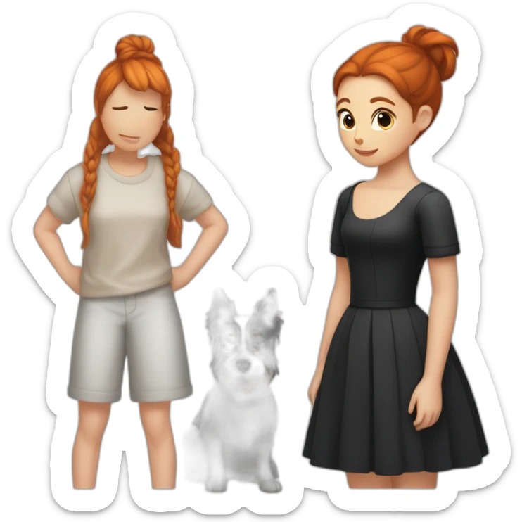Girl redhead with bun, cockatiel in the shoulder, black dog, cockerspainel sticker