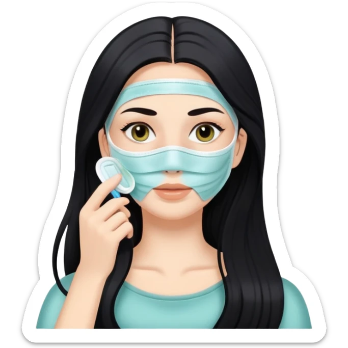 White girl with long black hair applying face mask, self care skincare routine sticker