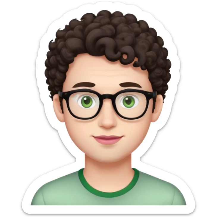 Young man with dark brown curlier poofy hair (same style but more curls), green eyes wearing glasses, wide face with eyes set apart, bigger ears, very pale skin, slightly bigger nose, fuller darker pink lips with a smile, and very light stubble sticker