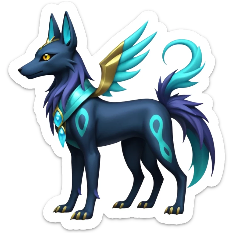 Shiny legendary epic abysmal abyssal bioluminescent dark dusky viridescent Suicune-Anubis-Umbreon-Manectric-Luxray-Fakémon-fusion-animal-creature-hunter, full body  sticker