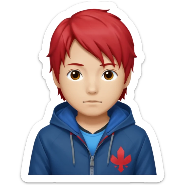 yuiji itadori jjk avec cheveux rouge veste bleu capuche rouge sticker