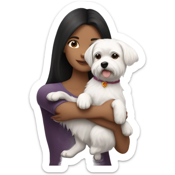 a girl with dark hair hugs a small white dog, a Maltese breed, sticker