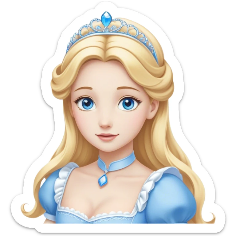Cinematic Elegant Cinderella Portrait Emoji, Graceful and poised in her classic maid attire, golden locks cascading softly, bright blue eyes full of hope, a gentle glow of kindness and determination, delicate and humble yet undeniably beautiful, evoking the moment before her magical transformation, pure enchantment in her gaze! sticker