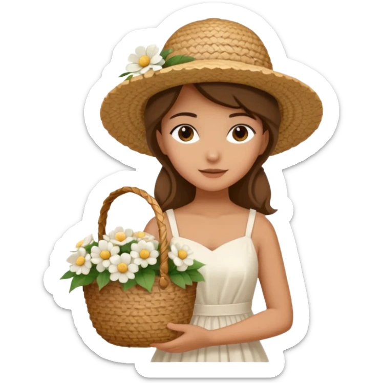 summer beautiful wicker hat, beach beige bag and bouquet of white flowers and girl in Italy white dress sticker