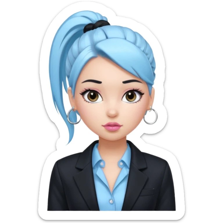 generate a pretty bratz girl wearing a light blue full sleeve shirt and a black blazer over it. silver small hoops, pink lipgloss. black hair tied up in a ponytail sticker