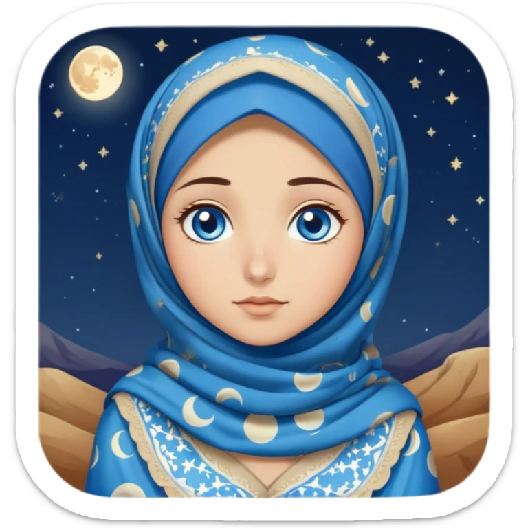 Turkish beautiful finish Konya girl blue eyes with moon patterned hijab dress and watching the moonlight sky on the ground  sticker