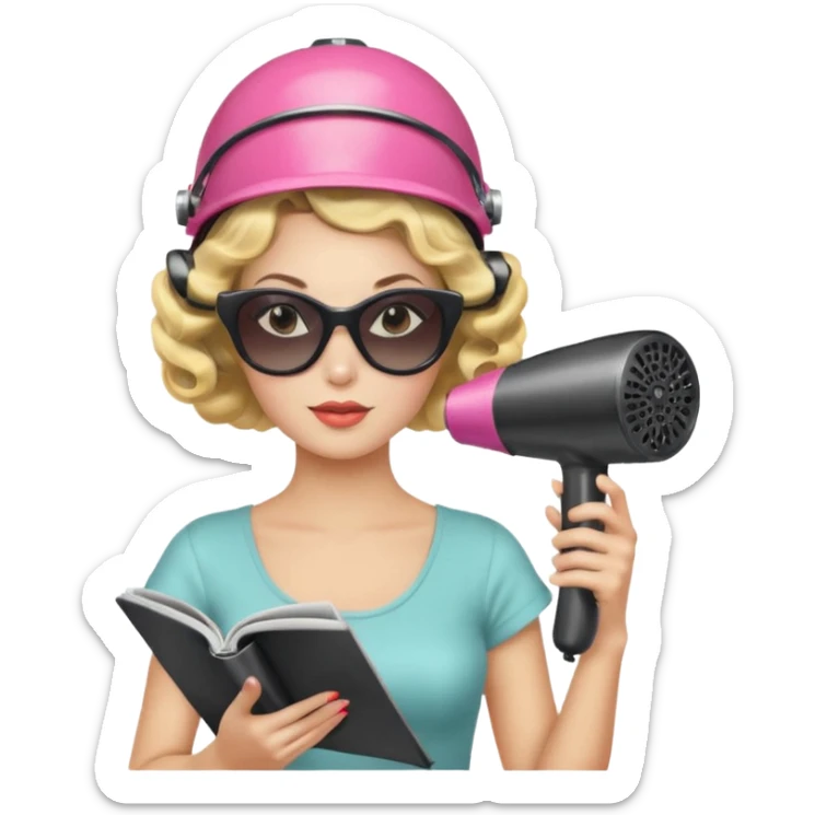Emoji de mujer con casco secador, gafas de sol, rulos y leyendo revista, estilo vintage chic sticker