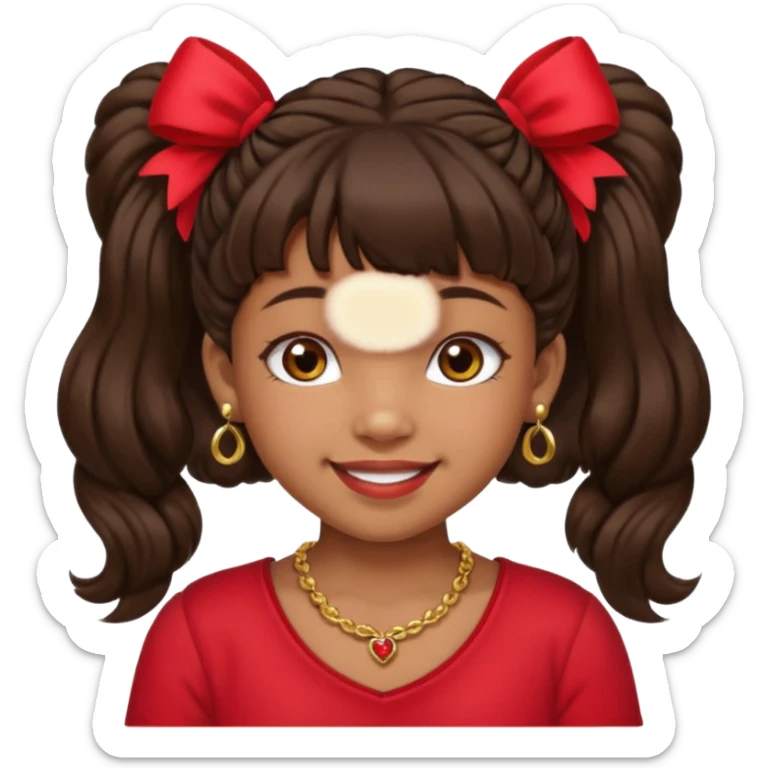 Brownskin girl dark brown hair fluffy. pigtails with red bows brown eyes smiling closed mouth red shirt gold esrrings gold necklace sticker