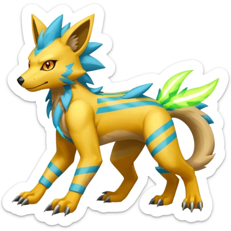Cyan manectric-Electrike-Zeraora-fusion with neon-green stripes and orange eyes (full body) sticker