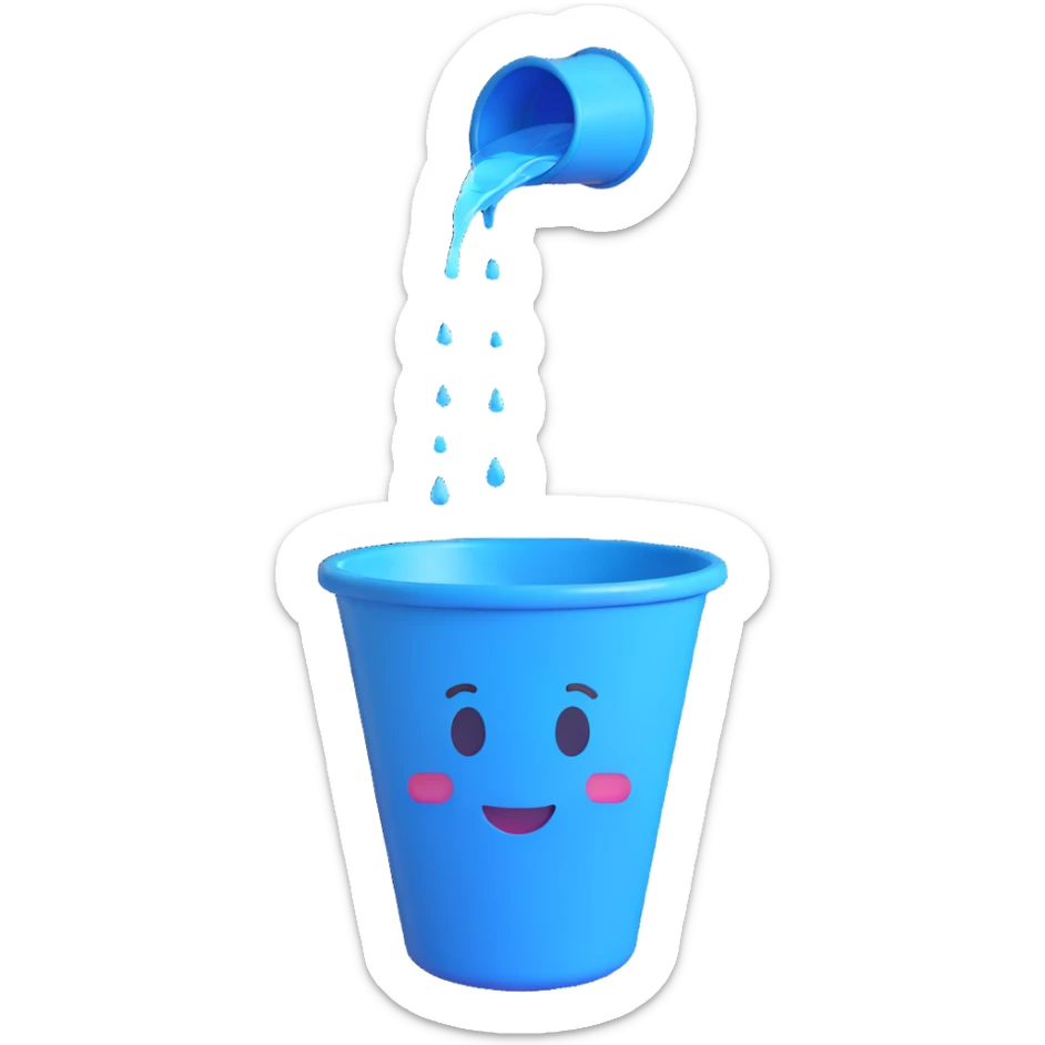blue bucket of water with a hole in the side, water pouring out, 3D emoji style sticker