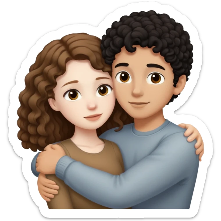 girl with long light brown hair and pale skin hugging a boy with short black curly hair and tanned skin sticker