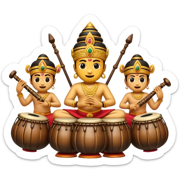 Cinematic Realistic Gamelan Pop Culture Emoji, depicted with an ensemble of traditional Indonesian instruments rendered with rich textures and rhythmic, cultural lighting. sticker