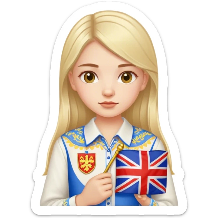 A Ukrainian girl wearing an embroidered shirt holds a British flag sticker