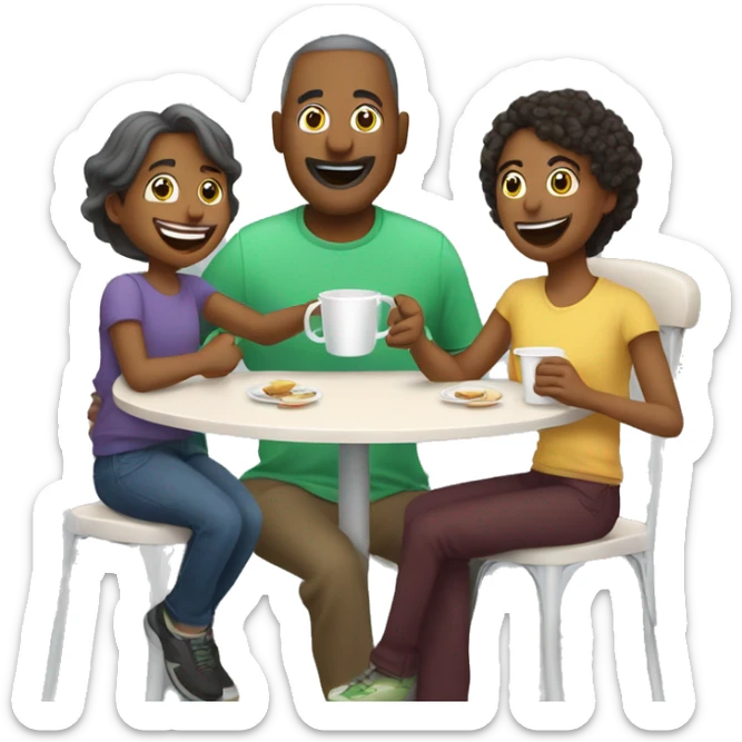An emoji of a family—mother, father, and child—sitting at a table, playing a cup game with paper cups arranged on the table as they have fun together sticker