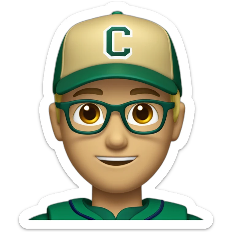 Blonde male short hair with glasses Dark green baseball uniform with hat Blue eyes and with "C" on the dark green hat. make the style slightly 3D with a diagonal angle. Crop from shoulders up sticker