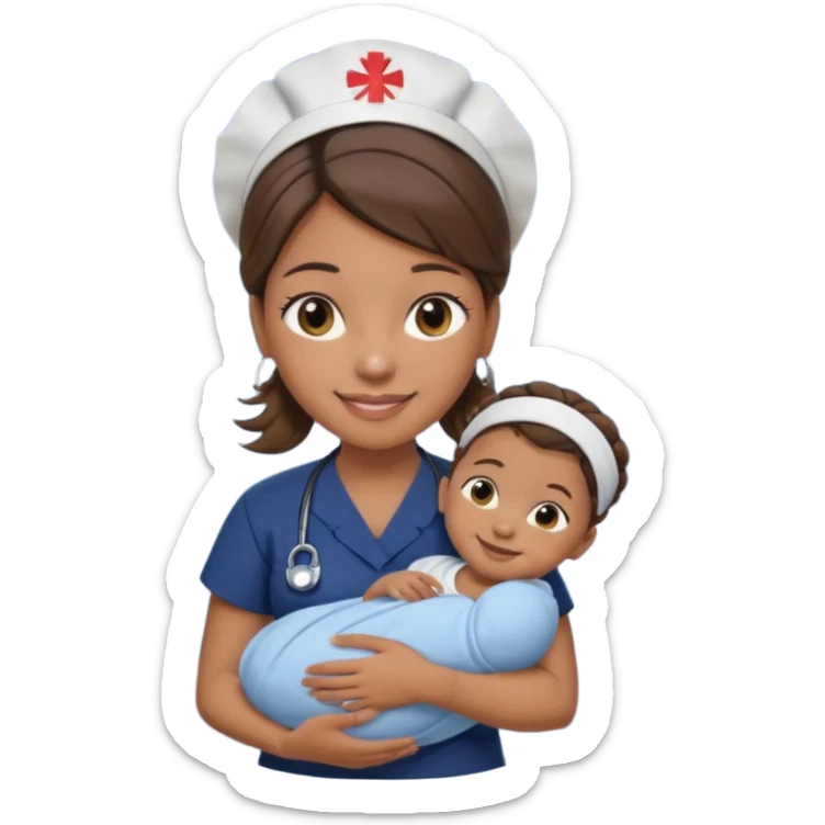 Female nurse smiling wearing no hat with her hair tied up in a roll on the top front of head with medium brown skin and brown eyes holding one new born with navy blue short sleeves sticker
