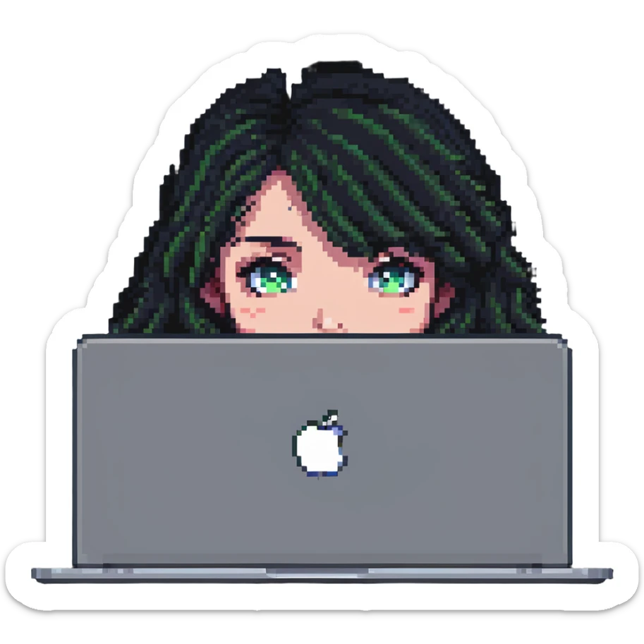 close-up of a girl's face peeking over a MacBook, pixel art style sticker