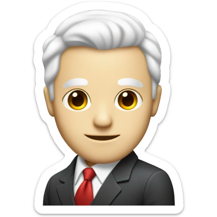 man with white hair and white eyes in a suit with a red tie and he is smirking slightly and he is evi sticker