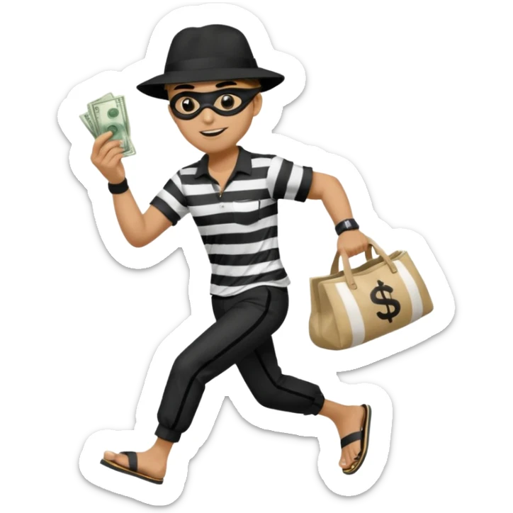 Make a man wear a black pant and he shirt is balck line and white line and wear a black hat and he holding a money bag and he running he wear a black eye thing no money in the Left hand and he yellow and the money bag in the right he wear a flip flop like this is Money bag 💰 sticker