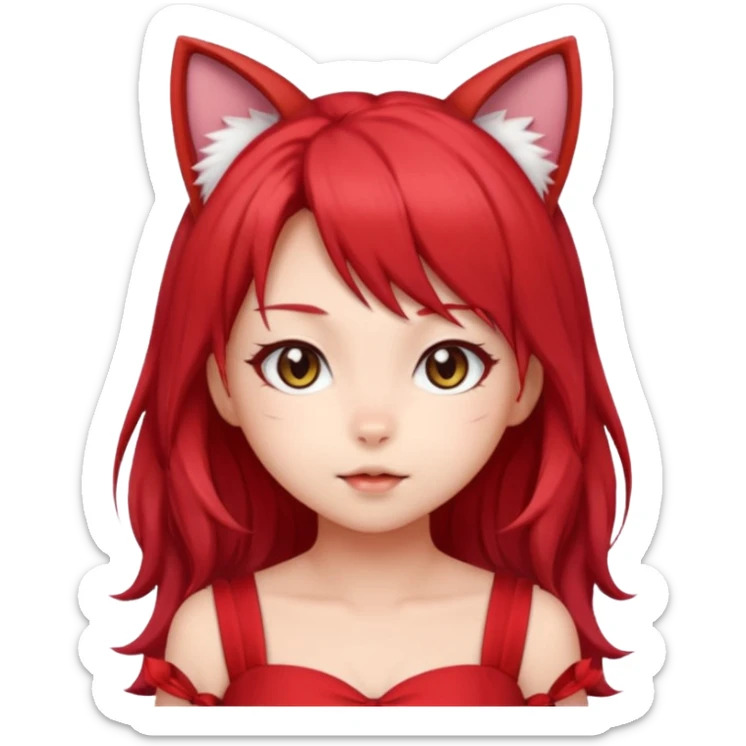 cute anime cat-girl with cat ears, red blowing hair sticker