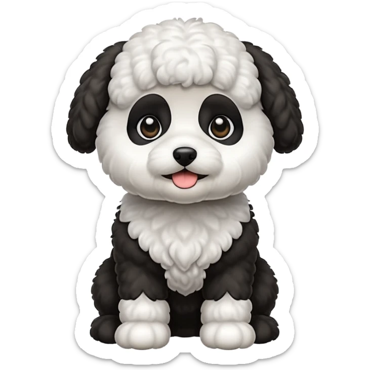 Petit chien style emoji (bichon frisé), poil bouclé noir/gris, ventre et bout des pattes blancs, yeux marron foncé brillants, assis avec la langue sortie, expression adorable. sticker