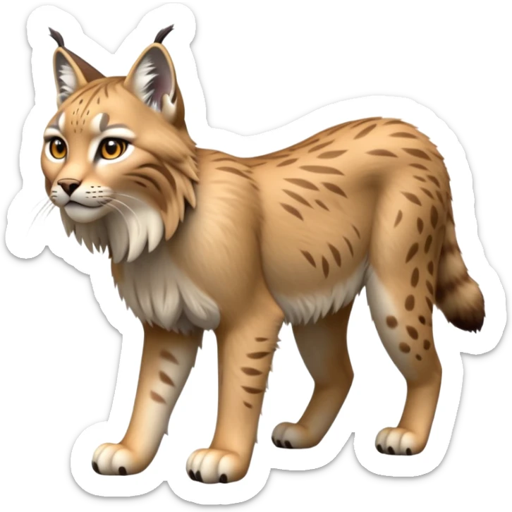 Cinematic-Lynx-Realistic-Full-Body-Standing on all fours-Emoji – head tilted dramatically, fur with faint spotting, long legs and large paws poised elegantly, simplified yet realistic focused features, highly detailed, glowing with an almost sarcastic glow zoomed out showing fluffy shoulders sticker