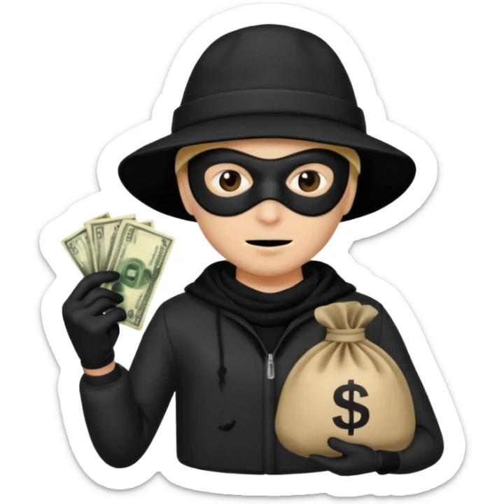 A emoji of a person wearing a robber outfit and a black hat and a black mask and a Money Bag sticker