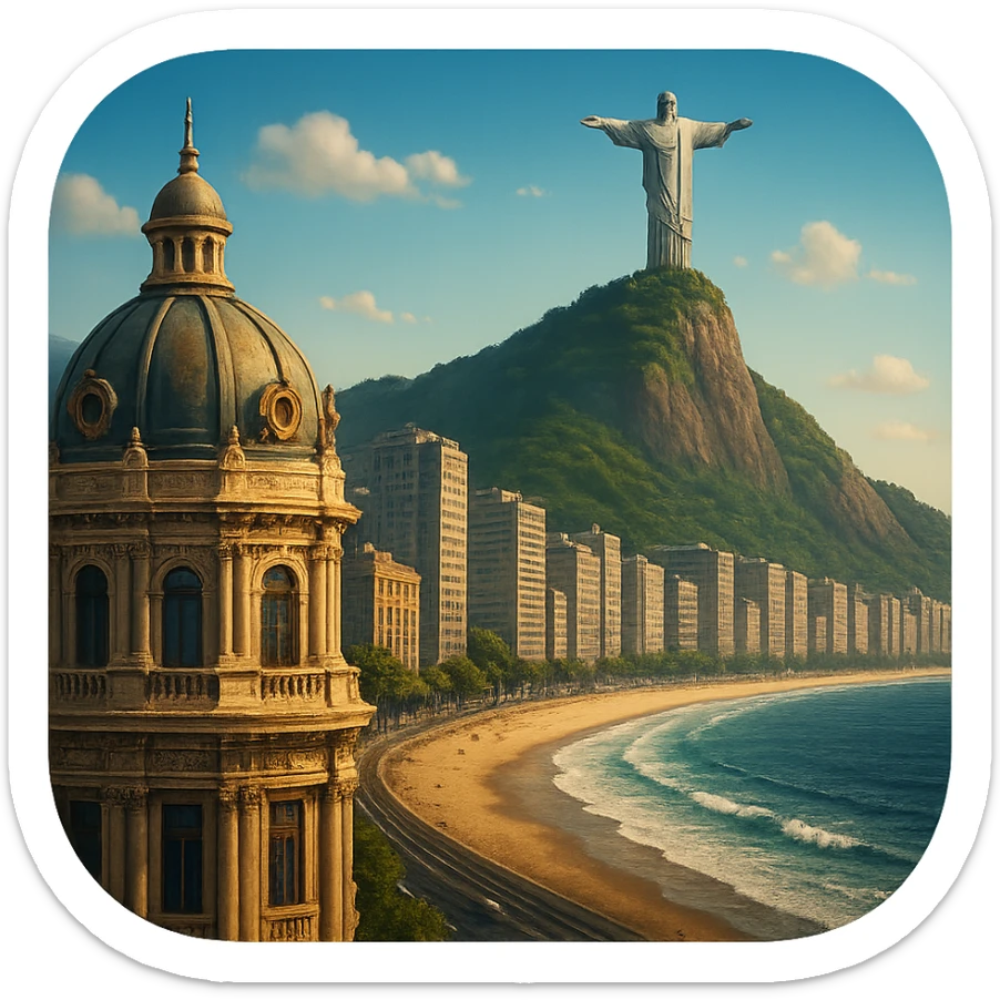 cinematic realistic emoji of Rio de Janeiro featuring majestic ornate architecture with lifelike detail and bright lighting, showing the majestic vista of the skyscraper-lined beach up to the mountain with the landmark Christ the Redeemer statue on top, using accurate colors sticker