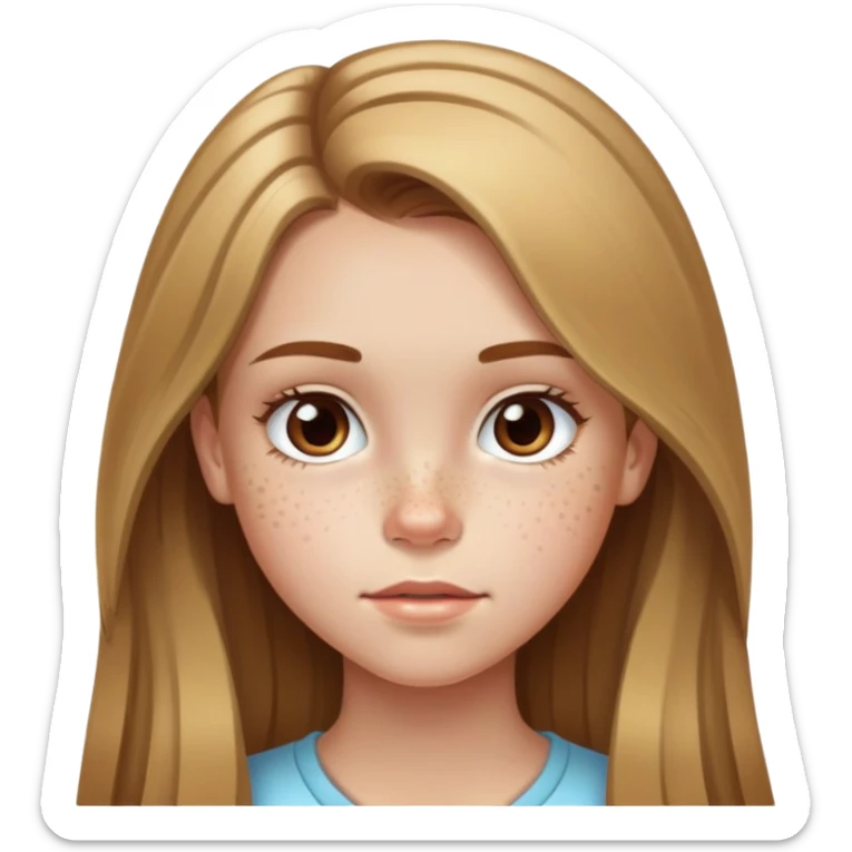 13 year old girl with long brown hair with blonde highlights, freckles, big forehead and nice lips sticker