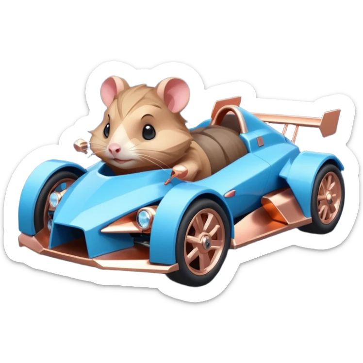 dark crystal blue and rosegold-accented faceted-body electric racing car driven by a small cute but fearless hamster with rear spoiler, roll bar, and wheely bar sticker