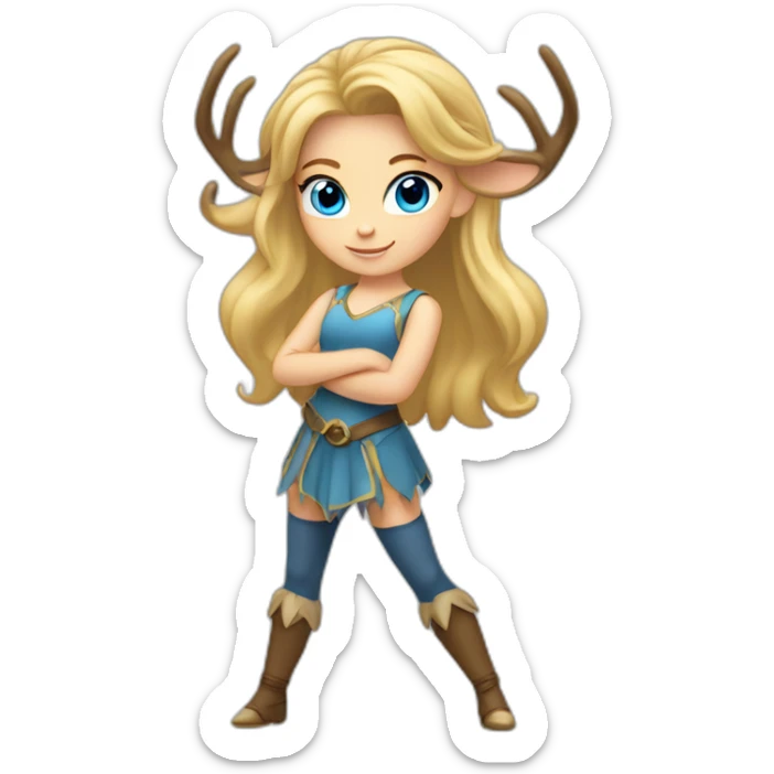 blonde girl dancer with blue eyes, take one big horn of deer in her right hand. Show full body of girl. sticker