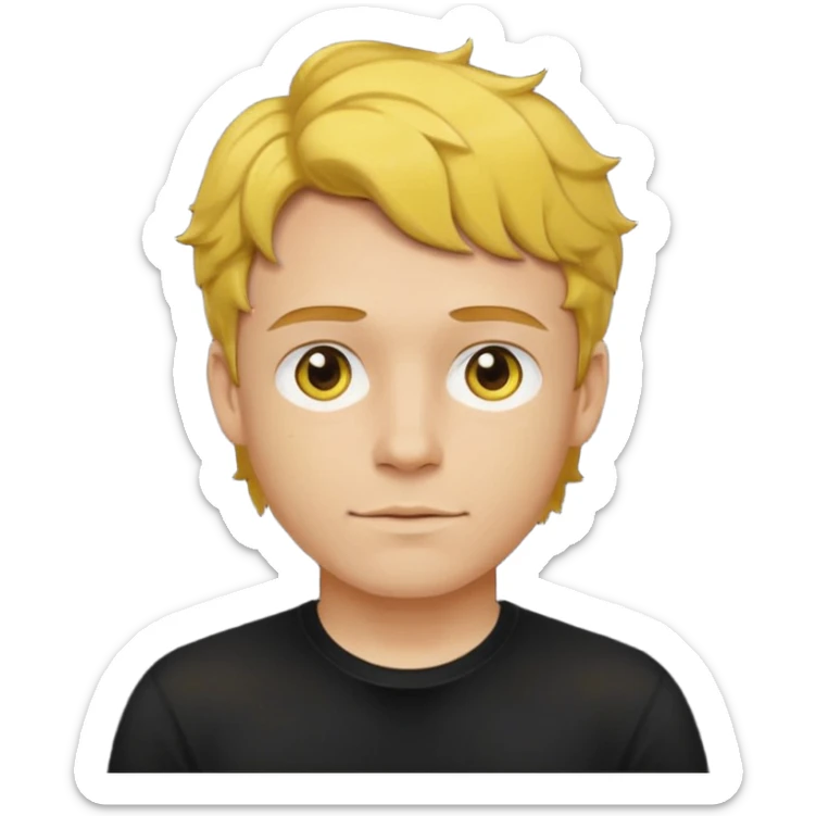 a yellow-faced standard man short wavy light-brown hair wearing a black t-shirt, face and shoulders. The yellow of the face is very bright. sticker