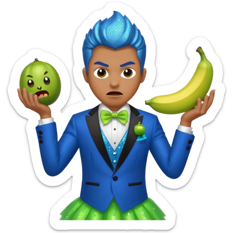 Angry blue banana fruit wearing a sparkly lime green tuxedo and tutu sticker