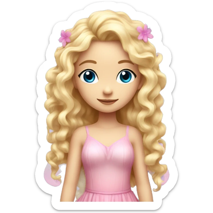 Fairy, a blonde hair with blue eyes and a pink dress with sparkly wings. Flowers. White wings. The fairy has long, curly hair with a lot of volume sticker