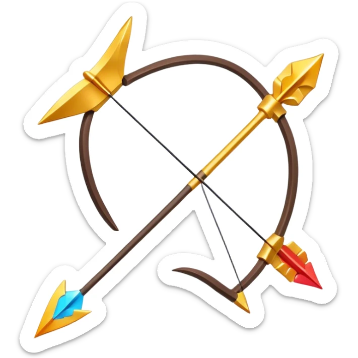 Clash of Clans aesthetic: Cinematic Playful Pixel 3D isometric  Bow & Arrow Emoji, rendered in a 3D vector-style similar to standard emojis with minimal shading and bold, simplified shapes. A compact, distinct form with signature details, softly glowing with a pixelated adventure charm. Simplified yet unmistakably iconic, highly detailed and consistent, glowing with a soft radiance and high shine. Stylized with a touch of classic pixel-art charm and a soft glowing outline, capturing the essence of a beloved gaming relic with a friendly, playful manner! sticker