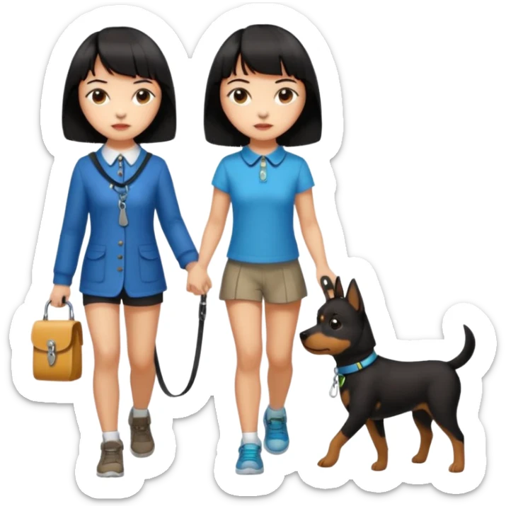 dark brown short haired girl walking a black haired girl with bangs on a dog leash sticker