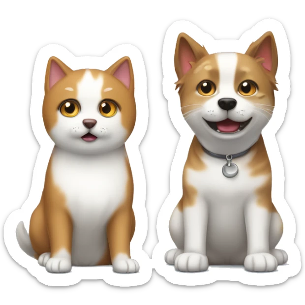 a white Spitz dog and a brown tabby cat. the dog barks and the cat sits on the left with a sad face sticker